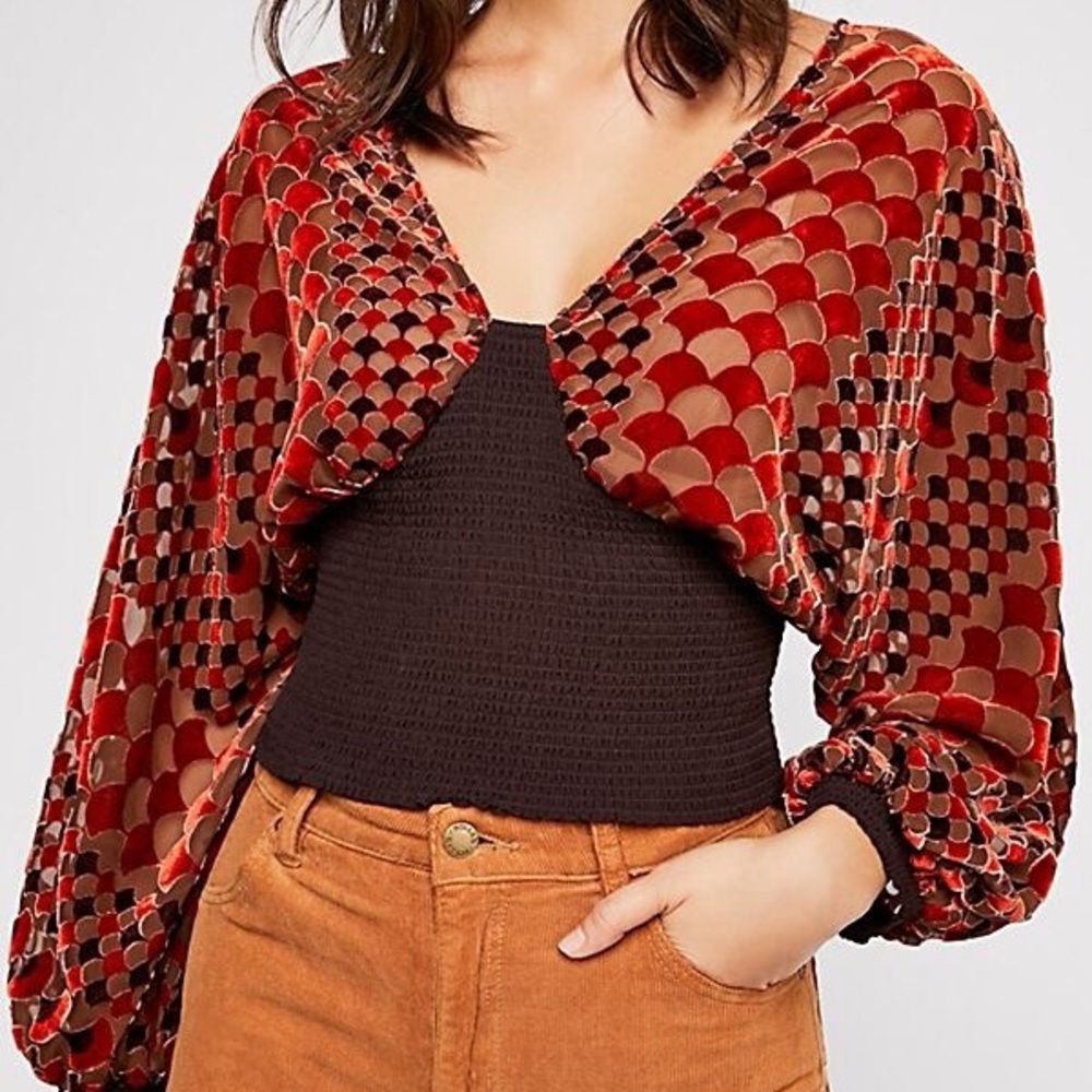 FREE PEOPLE VELVET SMOCKED IT’S YOUR WORLD BLOUSE DOLMAN RETRO TOP
